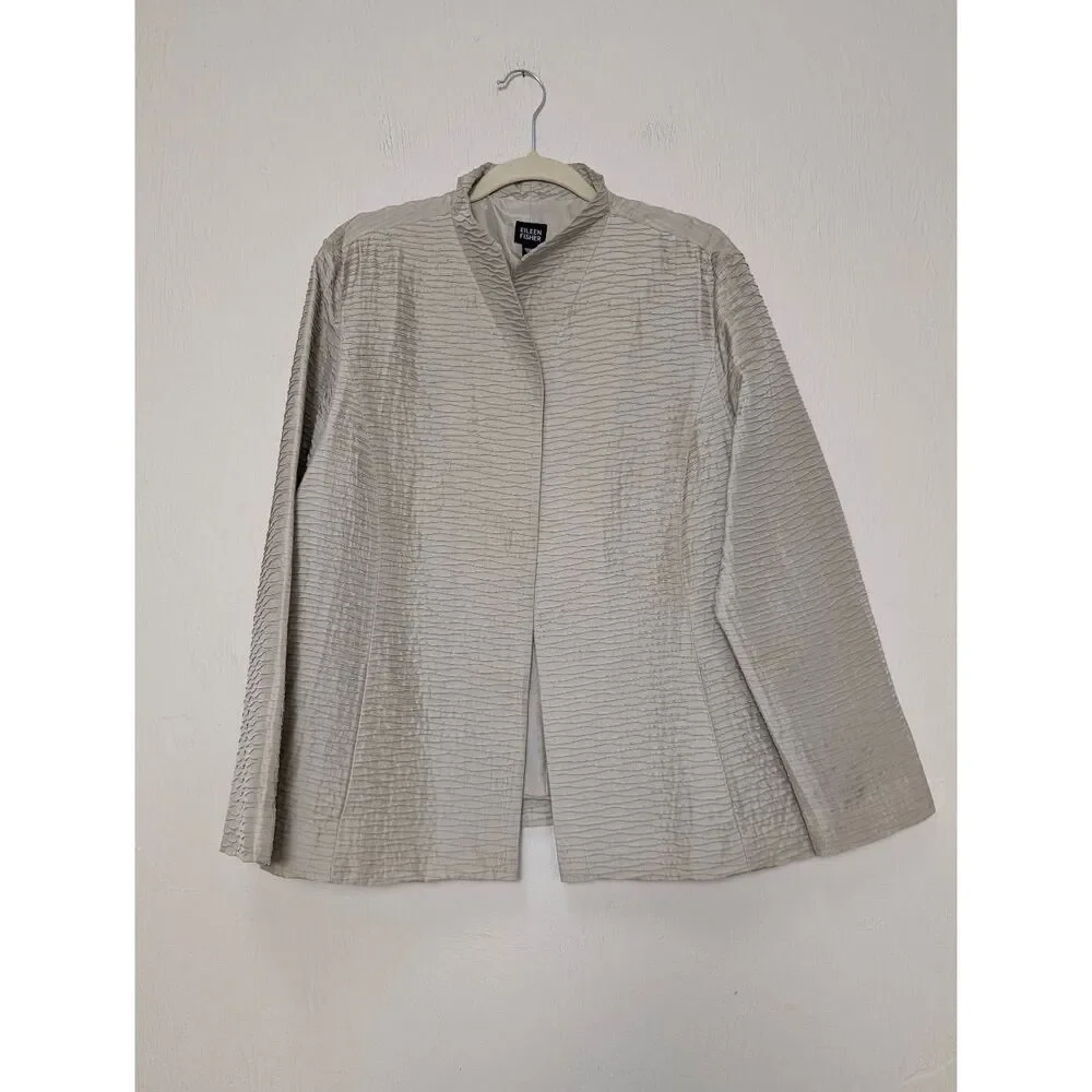 Eileen Fisher Womens 100% Silk Textured Open Front Blazer Jacket Champagne Sz XL